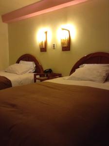 胡利亚卡Royal Inn Hotel Juliaca的酒店客房设有两张床和两盏墙上的灯。