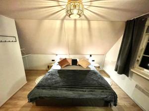 利费尔德Heerlijk Huisje Achterhoek的一间卧室配有一张带吊灯的大床