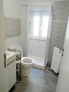 纳扎雷Sol e praia的白色的浴室设有卫生间和淋浴。