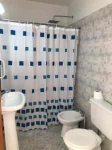 康考迪亚Acogedor departamento bien ubicado的一间带卫生间和淋浴帘的浴室