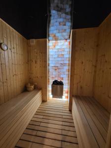 奥拉迪亚SPAre-Time - Exclusive and Unique Apartment! 18+的一间铺有木地板并配有砖墙的桑拿浴室