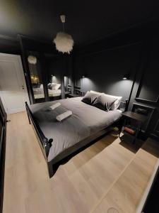 奥拉迪亚SPAre-Time - Exclusive and Unique Apartment! 18+的一间黑色卧室,配有一张大床和一张桌子