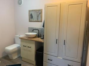 奥克兰Opanuku Out West的一间带水槽、卫生间和镜子的浴室