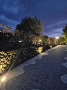 多尔加利Turismo Rurale Filieri的一座带石墙的夜间游泳池
