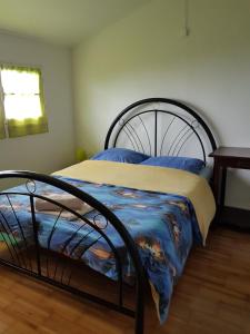 勒唐蓬La Villa du Volcan的一间卧室配有一张带蓝色棉被的床