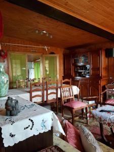 勒唐蓬La Villa du Volcan的一间带桌椅的客厅和一间厨房