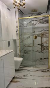 格但斯克Oliva Enjoy the Harmony的一间带玻璃淋浴和卫生间的浴室