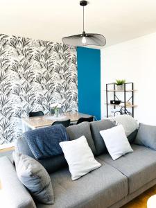 鲁昂Appartement A Deux Pas situé en Hyper Centre Ville的带沙发和蓝色墙壁的客厅