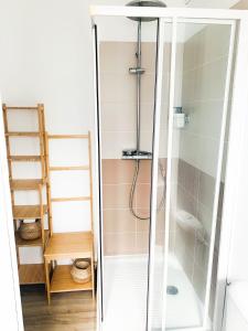 鲁昂Appartement A Deux Pas situé en Hyper Centre Ville的浴室里设有玻璃门淋浴