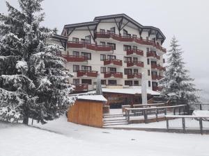 La PerrièreAppartement aux pieds des pistes la tania courchevel的一座大酒店,下雪,长着树木和长椅