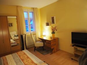 GüntherslebenQuartier Goldener Löwe的一间卧室配有一张床、一张书桌和一台电视