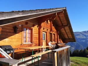 布里恩茨Chalet mit Alpenambiente Axalp的小木屋,配有桌子和甲板上的烧烤架