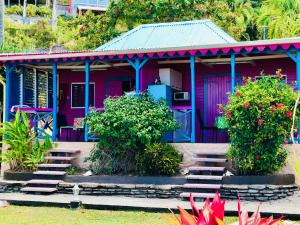 波尔兰特Le Nid Tropical的粉红色和蓝色的房子,有植物和花