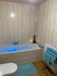 AscogSeaview Cottage的浴室配有带卫生间和椅子的大浴缸