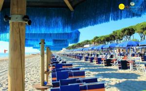 皮内托Malibù 5 Pineto Vacanza的海滩上摆放着蓝色的椅子和蓝色的遮阳伞