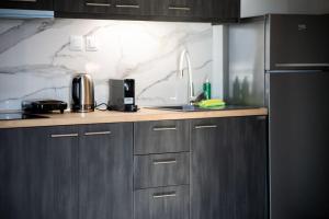 沃洛斯*Oasis* Best View Jacuzzi New Central Apartment的厨房配有带水槽的柜台和冰箱。