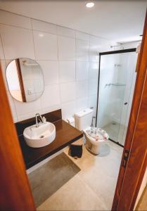 费尔南多 - 迪诺罗尼亚Horizonte Azul Noronha的一间带水槽、卫生间和镜子的浴室