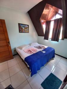 Colinas Do SulPousada Adorno的一间卧室配有一张带蓝色床单的床和一扇窗户。
