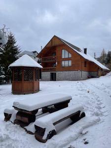 斯基希德尼萨Zrub的前方的木屋,地面上积雪