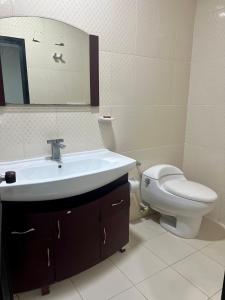 圣安德烈斯Tropical Dreams的一间带水槽、卫生间和镜子的浴室