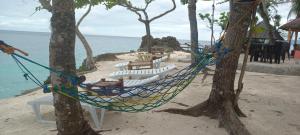 安达Anda Poseidon’s Beach Resort的海滩上两棵树上挂着的吊床
