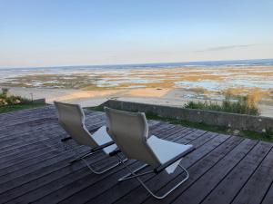 奄美ゴールデンマイルヴィラ的两把椅子坐在甲板上,眺望着海滩