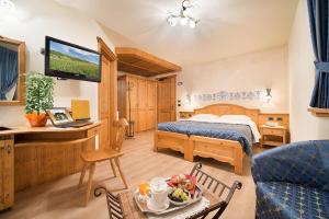 利维尼奥Hotel Costanza Mountain Holiday的酒店客房设有一间带一张床和电视的卧室
