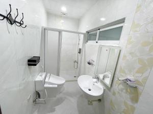 台东羿修的家的白色的浴室设有水槽和淋浴。
