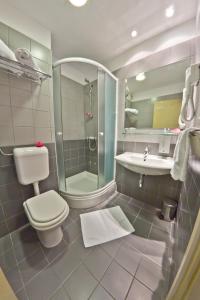 波尔卡斯提尔酒店的浴室配有卫生间、淋浴和盥洗盆。