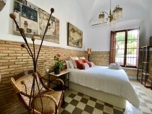 赫雷斯-德拉弗龙特拉Casa Palacio Ánima的一间卧室设有一张床和砖墙
