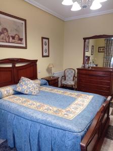 阿尔玛格鲁Apartamento Turístico Antigua Universidad Almagro的一间卧室配有一张大床和蓝色的床罩