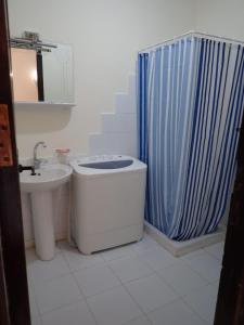赫尔格达Stella Makadi Palace Chalet的带淋浴、卫生间和盥洗盆的浴室