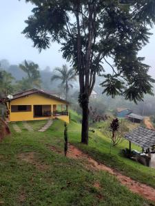 多明戈斯马丁斯Espaço inteiro: Casa de campo nas montanhas的山坡上一棵树上的黄色房子