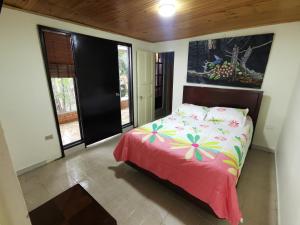 阿诺莱马CASA DE CAMPO CORRALEJAS - ANOLAIMA的一间卧室配有一张带彩色床罩的床