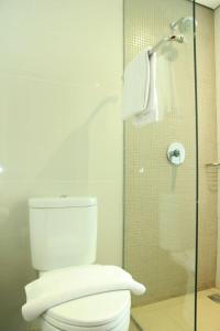 塞尔蓬塞尔彭瑟尔滨海酒店 的一间带卫生间和玻璃淋浴间的浴室