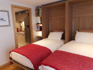勒布罗伊斯Chalet la Cachette Cyclists & Skiers的两张睡床彼此相邻,位于一个房间里
