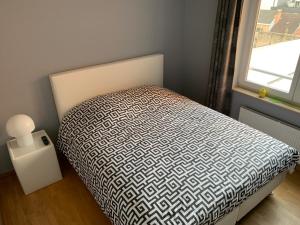 奥斯坦德Privé-kamer centrum Oostende met eigen badkamer/wc的一间卧室配有一张带黑白色棉被的床