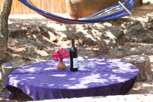 MikhmannimBack to Nature Camping & Huts的一张桌子,上面放着一瓶葡萄酒和一瓶鲜花