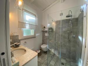 阿列恩图Villa Monti Di Li Femini的一间带玻璃淋浴和水槽的浴室