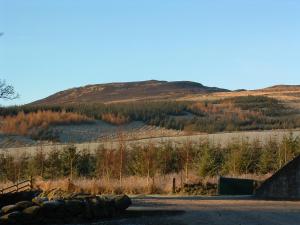 邓凯尔德Tomnagairn Cottage的享有山丘的景色,背景是高山