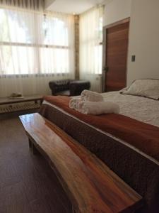 乌斯帕亚塔Uspallata Suites的一间卧室配有两张带毛巾的床