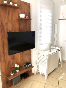 卡门港Apartamento Te Miti的客厅设有木墙,配有平面电视。