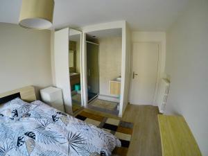 南特Charming & cosy rooms Nantes (chambres chez l'habitant)的一间卧室配有一张床和一面大镜子
