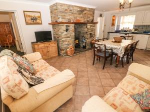 SkahanaghLis-Ardagh Cottage 1的客厅配有沙发和带壁炉的桌子