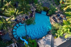 日惹Melia Purosani Yogyakarta的享有棕榈树游泳池的顶部景致