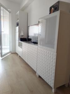 LudbregApartman Botivo的一间厨房,里面配有白色的大橱柜