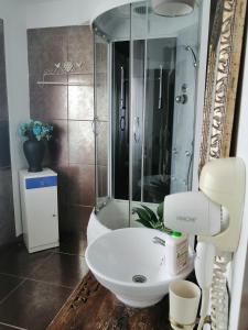 巴克乌Bizant Boutique的浴室配有白色水槽和淋浴。