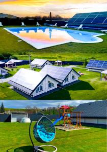 别列戈沃Canada的两幅房子的照片,房子里设有一个游泳池和一个游乐场