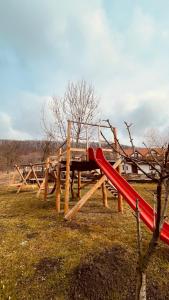 锡吉什瓦拉Casa cu Prispa的田野上带红色滑梯的游乐场