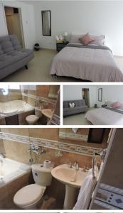 波哥大Casa Coffice的卧室配有一张床和一间浴室的两张照片
